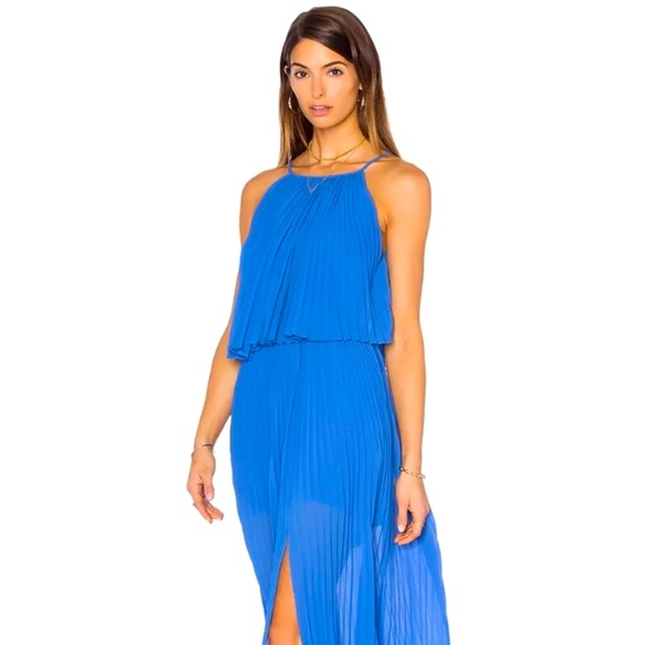 Women's Line & Dot Long Amelie Pleat Chiffon Dress Formal Maxi Azure Blue Small - Picture 9 of 15